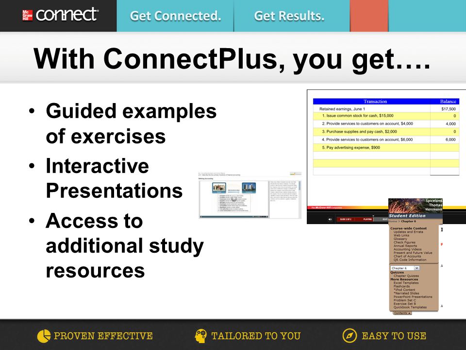Guided examples of exercises Interactive Presentations Access to additional study resources With ConnectPlus, you get….