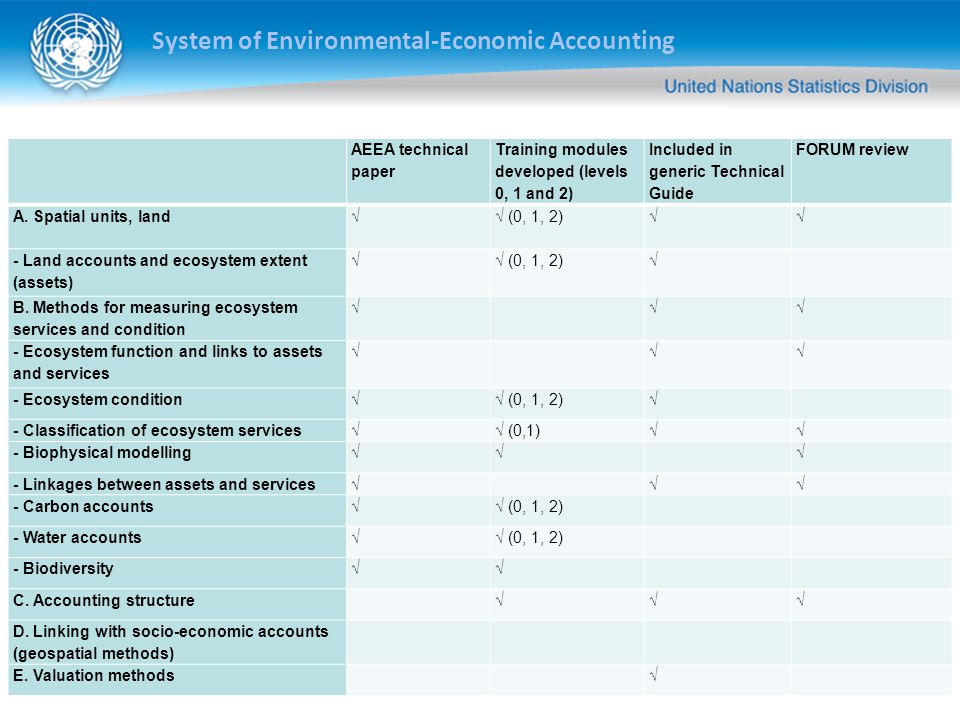 System of Environmental-Economic Accounting AEEA technical paper Training modules developed (levels 0, 1 and 2) Included in generic Technical Guide FORUM review A.