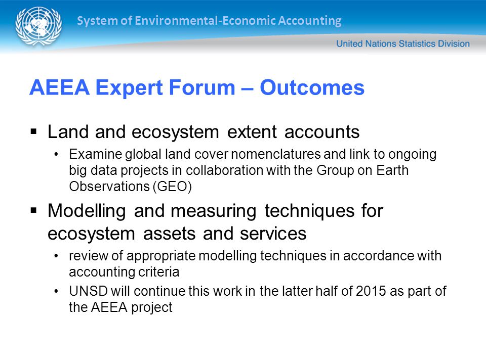 System of Environmental-Economic Accounting AEEA Expert Forum – Outcomes  Land and ecosystem extent accounts Examine global land cover nomenclatures and link to ongoing big data projects in collaboration with the Group on Earth Observations (GEO)  Modelling and measuring techniques for ecosystem assets and services review of appropriate modelling techniques in accordance with accounting criteria UNSD will continue this work in the latter half of 2015 as part of the AEEA project
