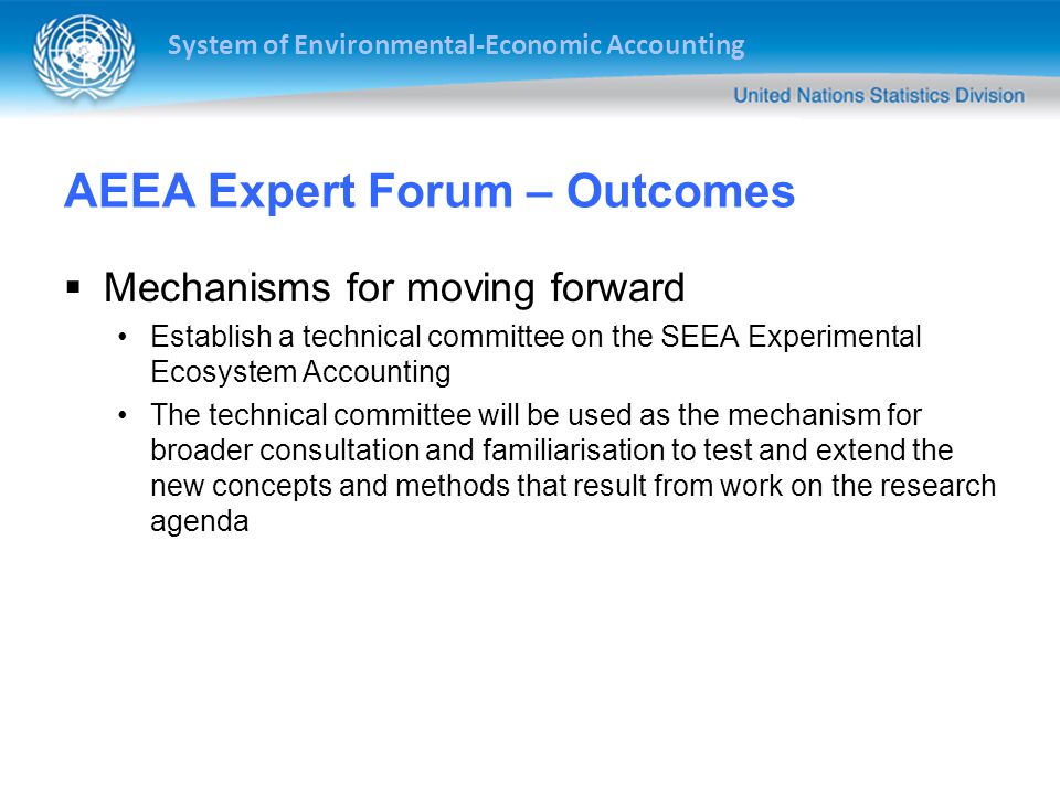 System of Environmental-Economic Accounting AEEA Expert Forum – Outcomes  Mechanisms for moving forward Establish a technical committee on the SEEA Experimental Ecosystem Accounting The technical committee will be used as the mechanism for broader consultation and familiarisation to test and extend the new concepts and methods that result from work on the research agenda