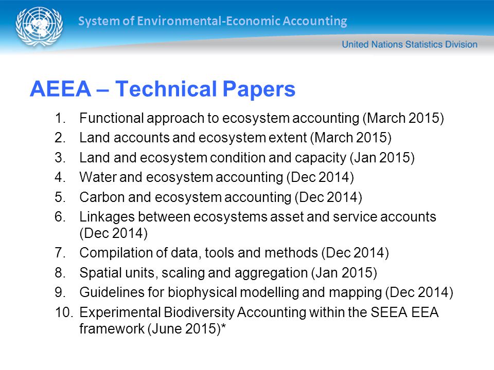 System of Environmental-Economic Accounting AEEA – Technical Papers 1.Functional approach to ecosystem accounting (March 2015) 2.Land accounts and ecosystem extent (March 2015) 3.Land and ecosystem condition and capacity (Jan 2015) 4.Water and ecosystem accounting (Dec 2014) 5.Carbon and ecosystem accounting (Dec 2014) 6.Linkages between ecosystems asset and service accounts (Dec 2014) 7.Compilation of data, tools and methods (Dec 2014) 8.Spatial units, scaling and aggregation (Jan 2015) 9.Guidelines for biophysical modelling and mapping (Dec 2014) 10.Experimental Biodiversity Accounting within the SEEA EEA framework (June 2015)*