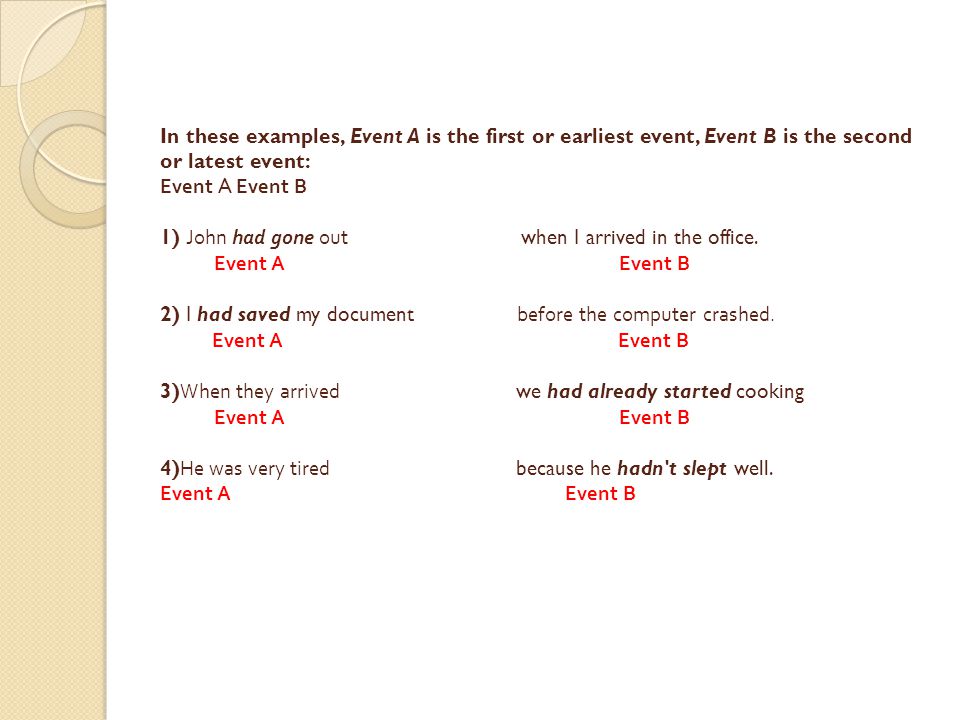 In these examples, Event A is the first or earliest event, Event B is the second or latest event: Event A Event B 1) John had gone out when I arrived in the office.