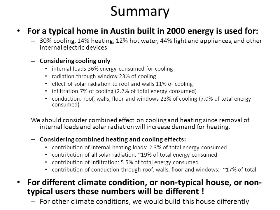 Summary For a typical home in Austin built in 2000 energy is used for: – 30% cooling, 14% heating, 12% hot water, 44% light and appliances, and other internal electric devices – Considering cooling only internal loads 36% energy consumed for cooling radiation through window 23% of cooling effect of solar radiation to roof and walls 11% of cooling infiltration 7% of cooling (2.2% of total energy consumed) conduction: roof, walls, floor and windows 23% of cooling (7.0% of total energy consumed) We should consider combined effect on cooling and heating since removal of internal loads and solar radiation will increase demand for heating.