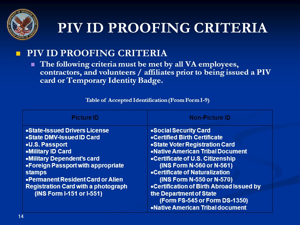 14 PIV ID PROOFING CRITERIA The following criteria must be met by all VA employees, contractors, and volunteers / affiliates prior to being issued a PIV card or Temporary Identity Badge.