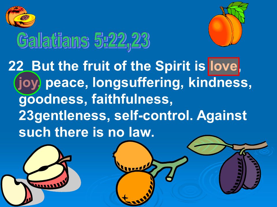 22 But the fruit of the Spirit is love, joy, peace, longsuffering, kindness, goodness, faithfulness, 23gentleness, self-control.