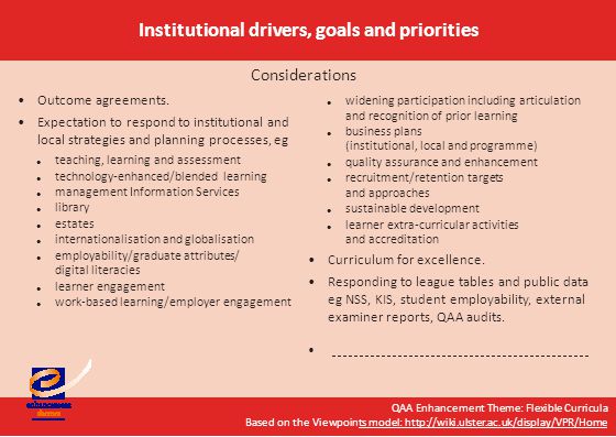 QAA Enhancement Theme: Flexible Curricula Based on the Viewpoints model:   model:   Institutional drivers, goals and priorities Outcome agreements.