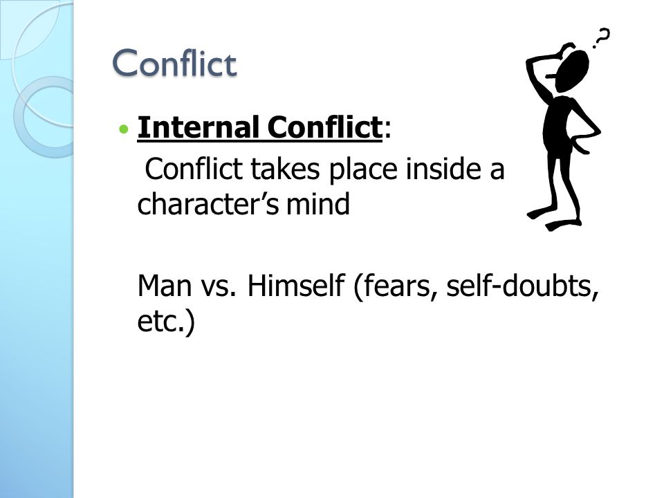 Conflict Internal Conflict: Conflict takes place inside a character’s mind Man vs.
