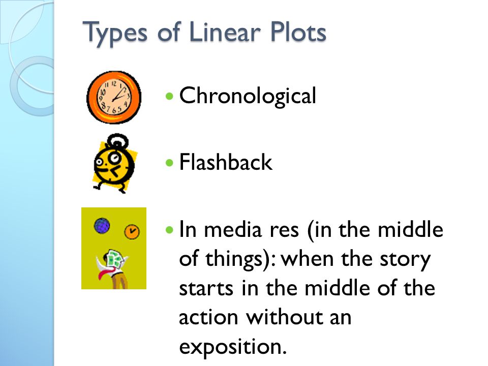 Types of Linear Plots Chronological Flashback In media res (in the middle of things): when the story starts in the middle of the action without an exposition.