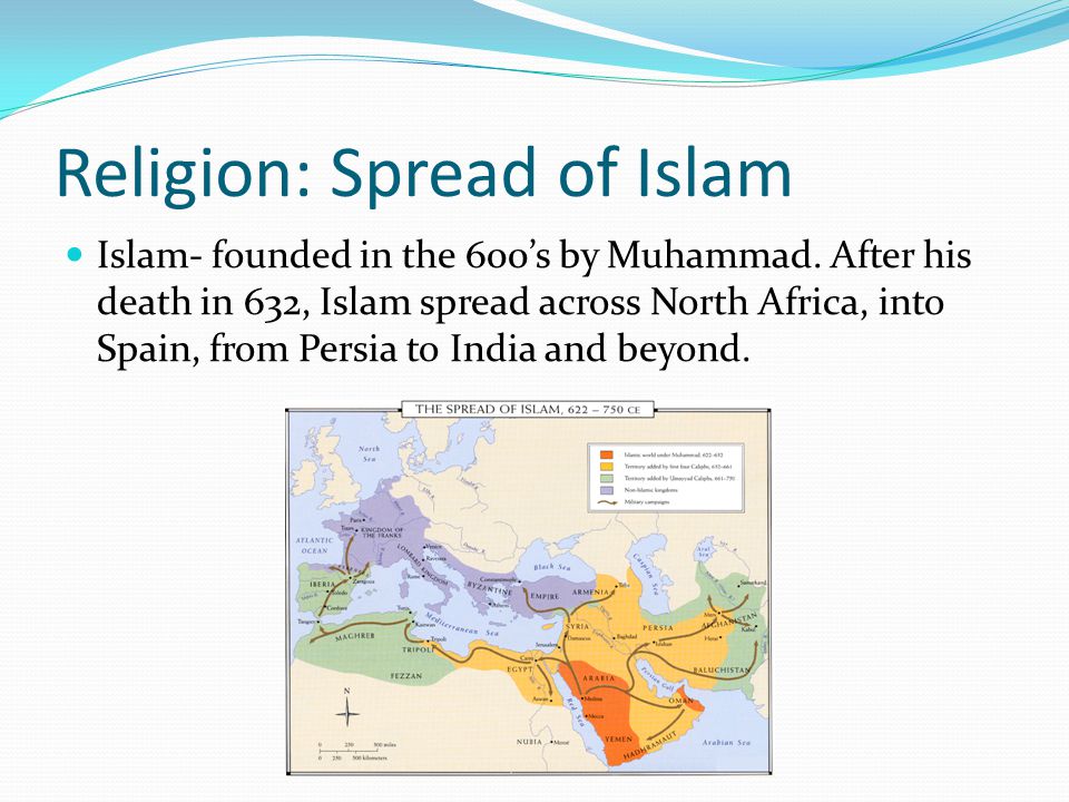 Religion: Spread of Islam Islam- founded in the 600’s by Muhammad.