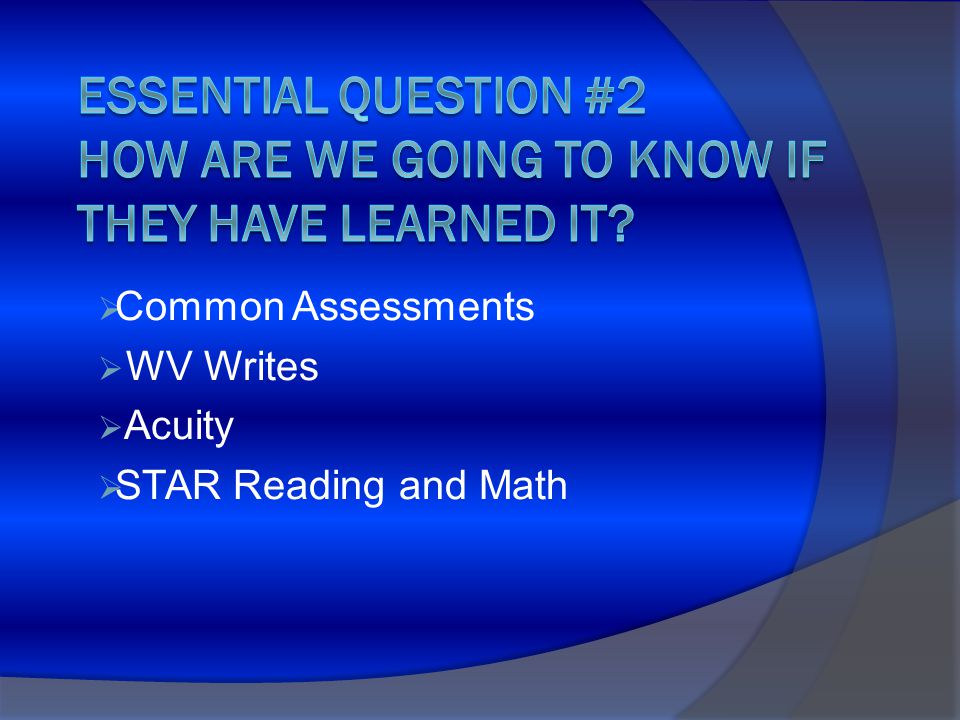  Common Assessments  WV Writes  Acuity  STAR Reading and Math