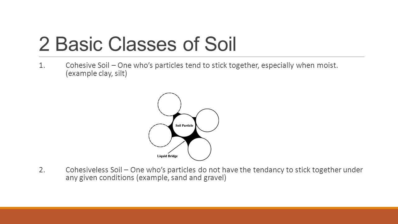 2 Basic Classes of Soil 1.Cohesive Soil – One who’s particles tend to stick together, especially when moist.