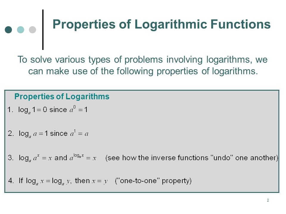 2 Properties of Logarithmic Functions To solve various types of problems involving logarithms, we can make use of the following properties of logarithms.