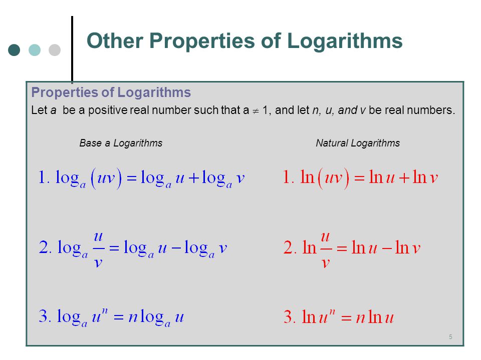 5 Other Properties of Logarithms Properties of Logarithms Let a be a positive real number such that a  1, and let n, u, and v be real numbers.