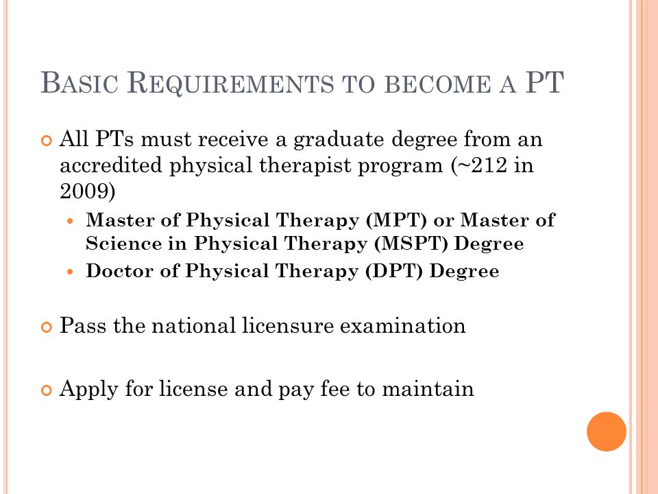 B ASIC R EQUIREMENTS TO BECOME A PT All PTs must receive a graduate degree from an accredited physical therapist program (~212 in 2009) Master of Physical Therapy (MPT) or Master of Science in Physical Therapy (MSPT) Degree Doctor of Physical Therapy (DPT) Degree Pass the national licensure examination Apply for license and pay fee to maintain
