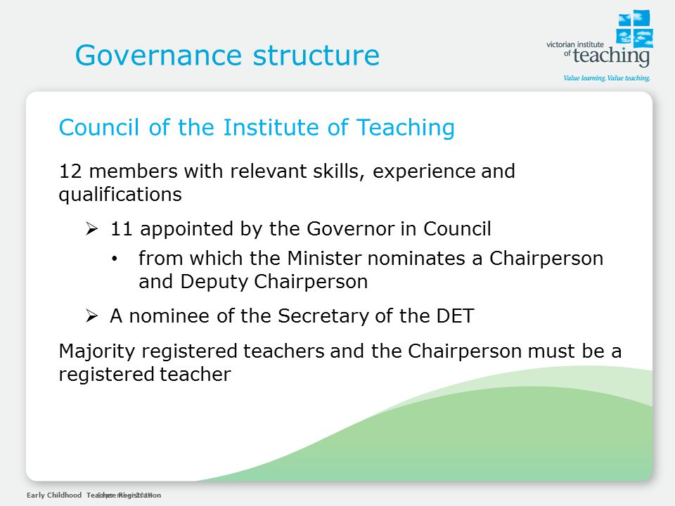 Early Childhood Teacher RegistrationSeptember 2014 Governance structure Council of the Institute of Teaching 12 members with relevant skills, experience and qualifications  11 appointed by the Governor in Council from which the Minister nominates a Chairperson and Deputy Chairperson  A nominee of the Secretary of the DET Majority registered teachers and the Chairperson must be a registered teacher
