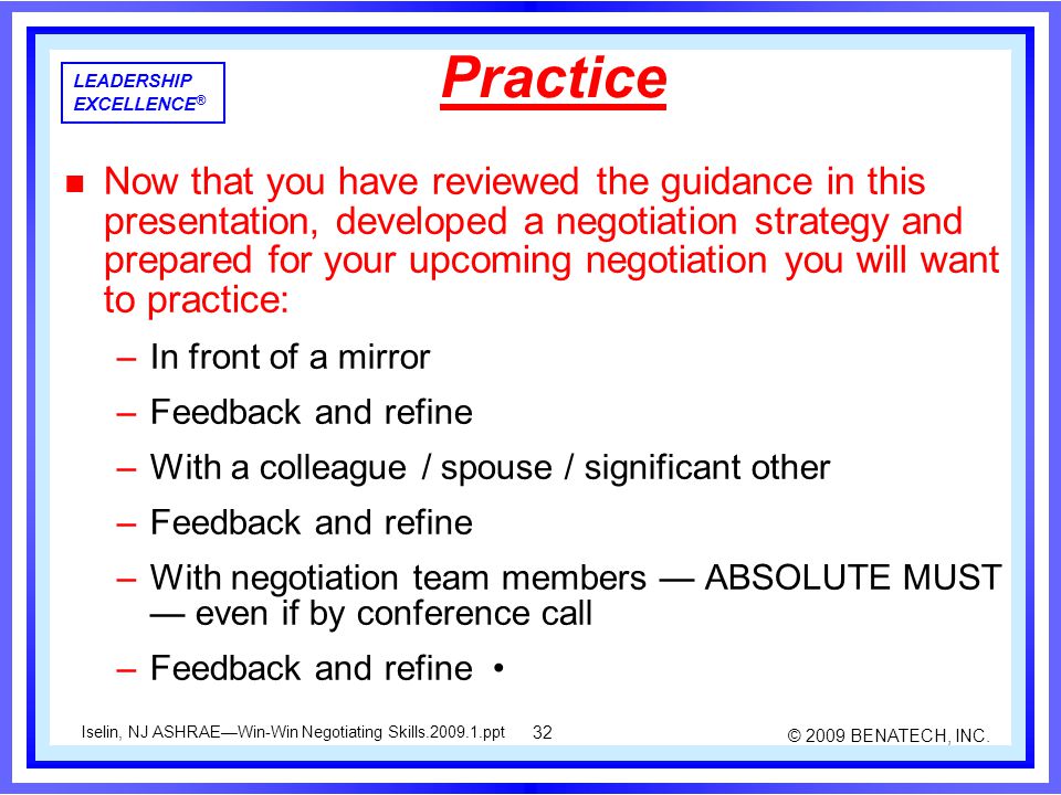 1 © 2009 BENATECH, INC. Iselin, NJ ASHRAE—Win-Win Negotiating Skills ...