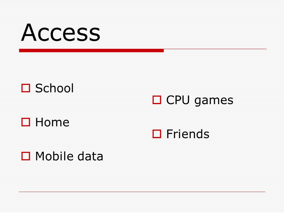 Access  School  Home  Mobile data  CPU games  Friends