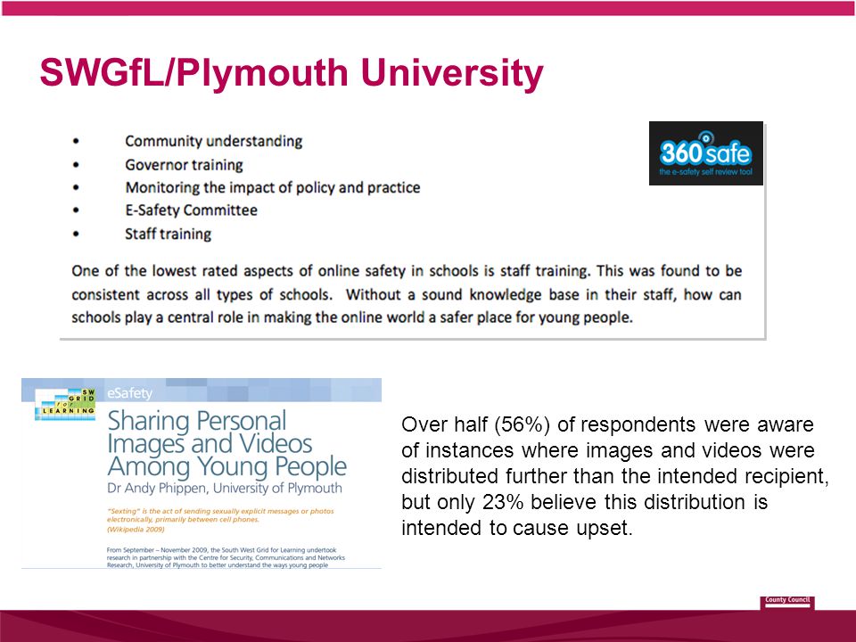 SWGfL/Plymouth University Over half (56%) of respondents were aware of instances where images and videos were distributed further than the intended recipient, but only 23% believe this distribution is intended to cause upset.