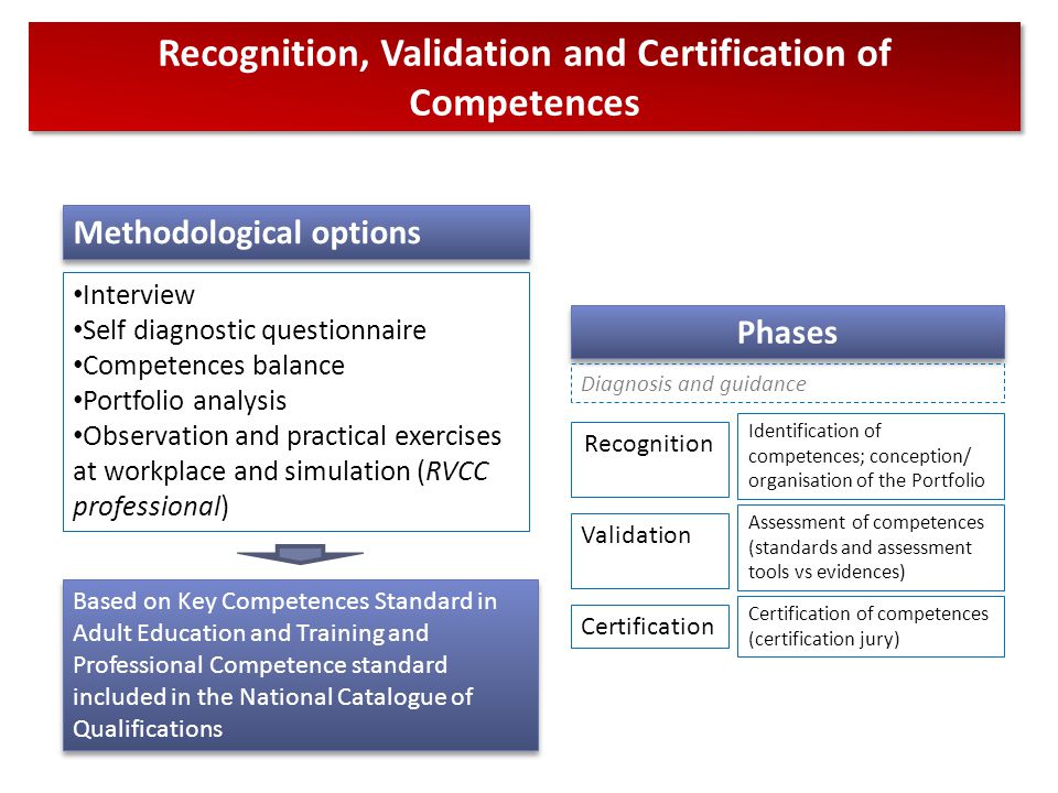 Recognition, Validation and Certification of Competences Methodological options Interview Self diagnostic questionnaire Competences balance Portfolio analysis Observation and practical exercises at workplace and simulation (RVCC professional) Phases Diagnosis and guidance Validation Certification Recognition Based on Key Competences Standard in Adult Education and Training and Professional Competence standard included in the National Catalogue of Qualifications Assessment of competences (standards and assessment tools vs evidences) Certification of competences (certification jury) Identification of competences; conception/ organisation of the Portfolio