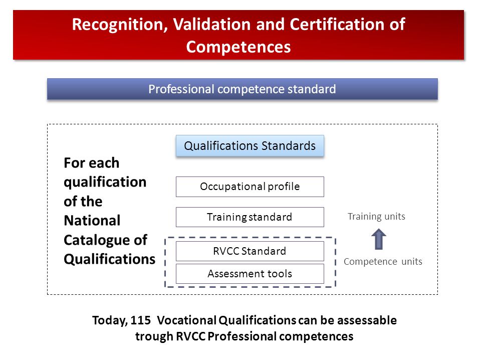 Recognition, Validation and Certification of Competences Professional competence standard Qualifications Standards Occupational profile Training standard RVCC Standard For each qualification of the National Catalogue of Qualifications Training units Competence units Assessment tools Today, 115 Vocational Qualifications can be assessable trough RVCC Professional competences