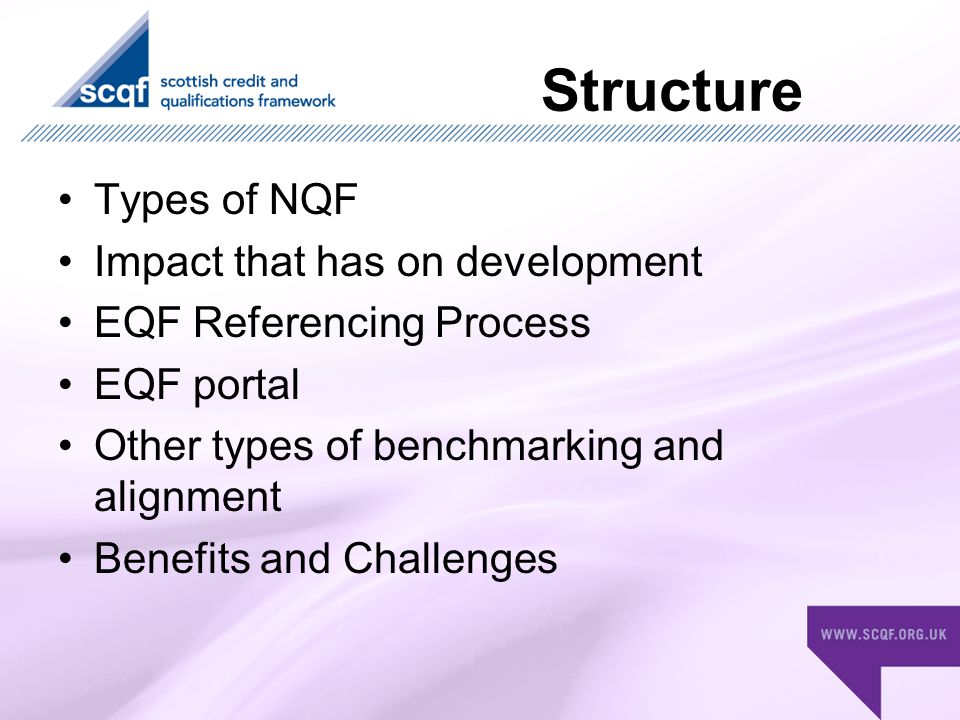 Structure Types of NQF Impact that has on development EQF Referencing Process EQF portal Other types of benchmarking and alignment Benefits and Challenges