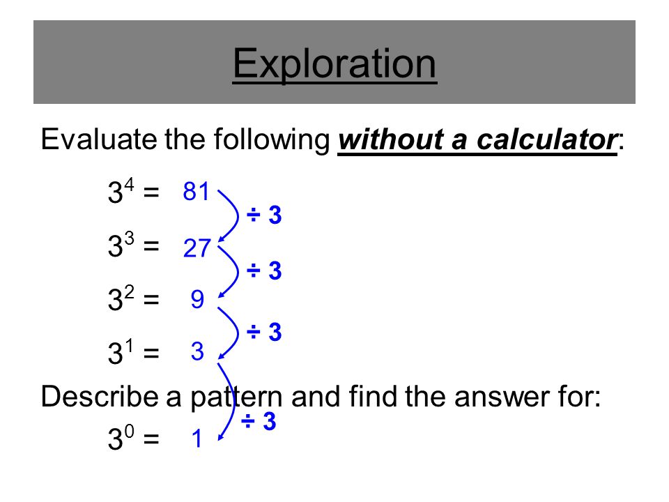 Exploration Evaluate the following without a calculator: 3 4 = 3 3 = 3 2 = 3 1 = Describe a pattern and find the answer for: 3 0 = ÷ 3