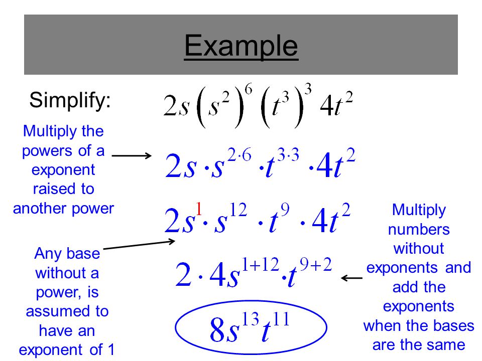 Example Simplify: Multiply the powers of a exponent raised to another power Any base without a power, is assumed to have an exponent of 1 Multiply numbers without exponents and add the exponents when the bases are the same