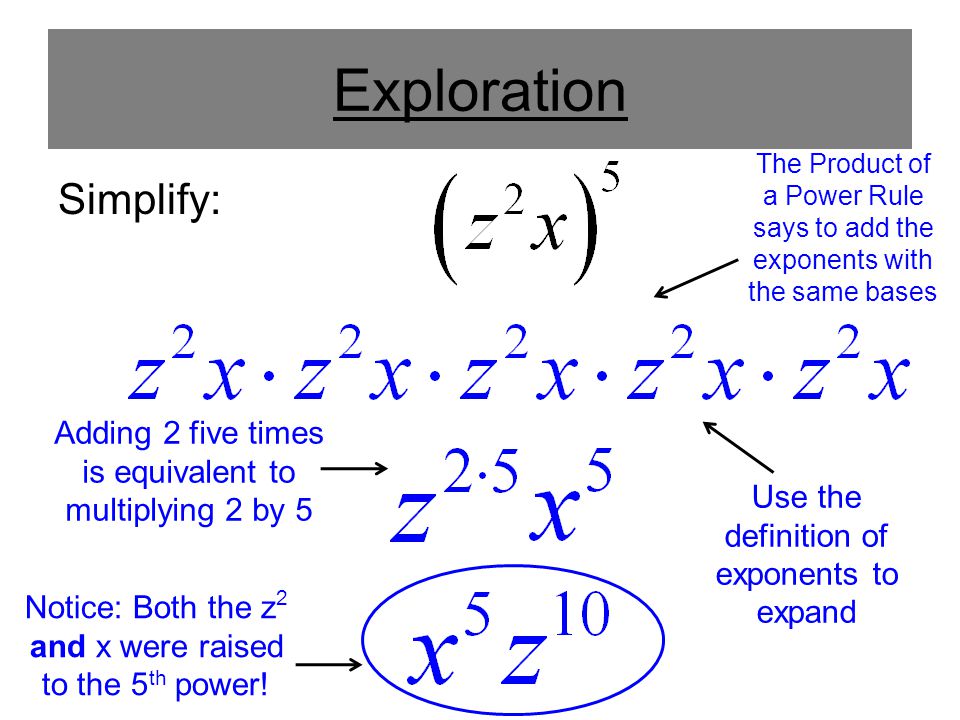 Exploration Simplify: Use the definition of exponents to expand The Product of a Power Rule says to add the exponents with the same bases Adding 2 five times is equivalent to multiplying 2 by 5 Notice: Both the z 2 and x were raised to the 5 th power!