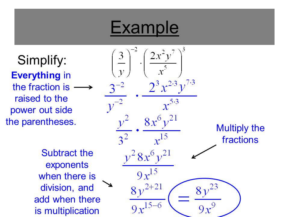 Example Simplify: Everything in the fraction is raised to the power out side the parentheses.