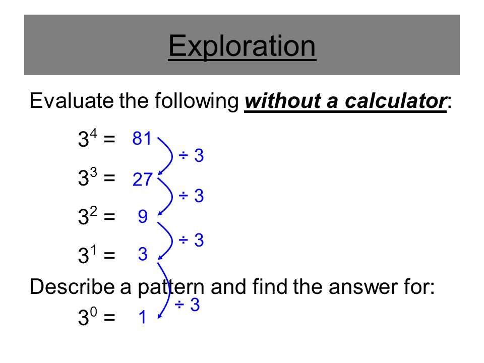 Exploration Evaluate the following without a calculator: 3 4 = 3 3 = 3 2 = 3 1 = Describe a pattern and find the answer for: 3 0 = ÷ 3