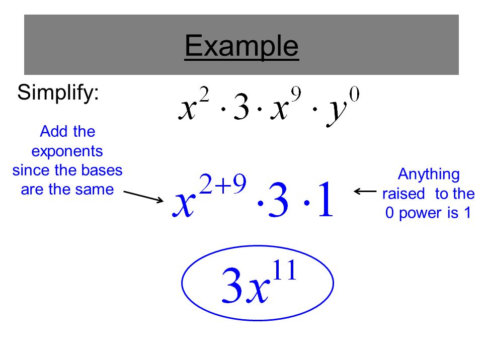 Example Simplify: Add the exponents since the bases are the same Anything raised to the 0 power is 1