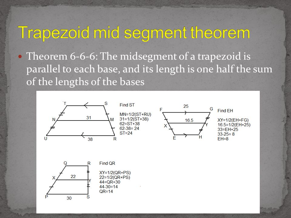 Theorem 6-6-6: The midsegment of a trapezoid is parallel to each base, and its length is one half the sum of the lengths of the bases