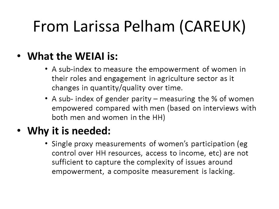 From Larissa Pelham (CAREUK) What the WEIAI is: A sub-index to measure the empowerment of women in their roles and engagement in agriculture sector as it changes in quantity/quality over time.