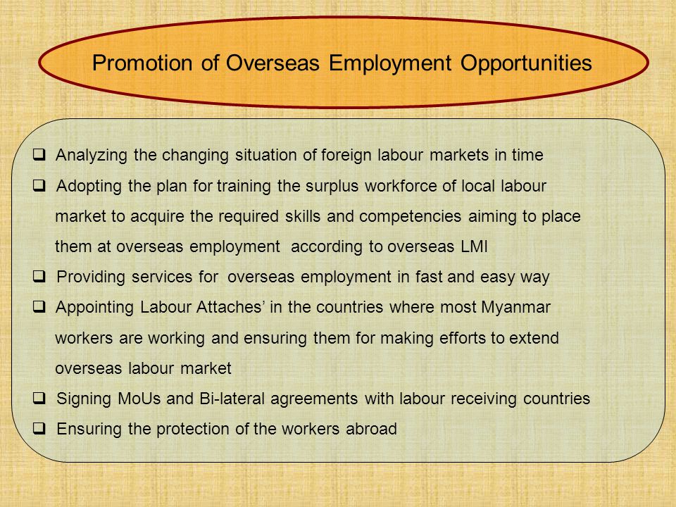  Analyzing the changing situation of foreign labour markets in time  Adopting the plan for training the surplus workforce of local labour market to acquire the required skills and competencies aiming to place them at overseas employment according to overseas LMI  Providing services for overseas employment in fast and easy way  Appointing Labour Attaches’ in the countries where most Myanmar workers are working and ensuring them for making efforts to extend overseas labour market  Signing MoUs and Bi-lateral agreements with labour receiving countries  Ensuring the protection of the workers abroad Promotion of Overseas Employment Opportunities