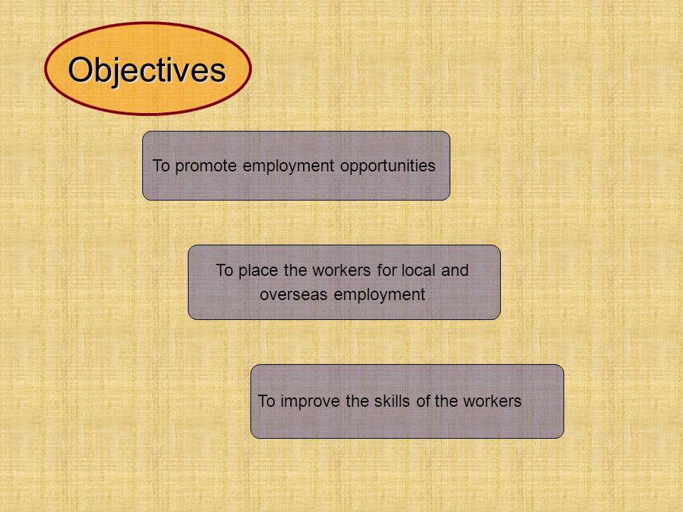 To improve the skills of the workers Objectives To promote employment opportunities To place the workers for local and overseas employment