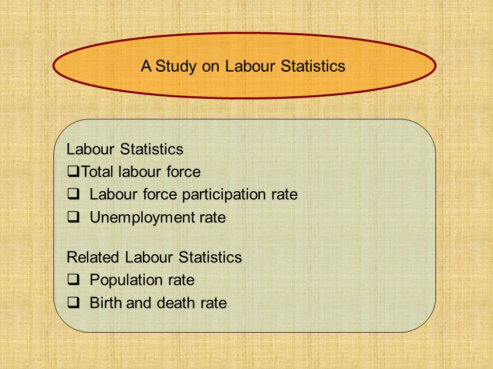Labour Statistics  Total labour force  Labour force participation rate  Unemployment rate Related Labour Statistics  Population rate  Birth and death rate A Study on Labour Statistics