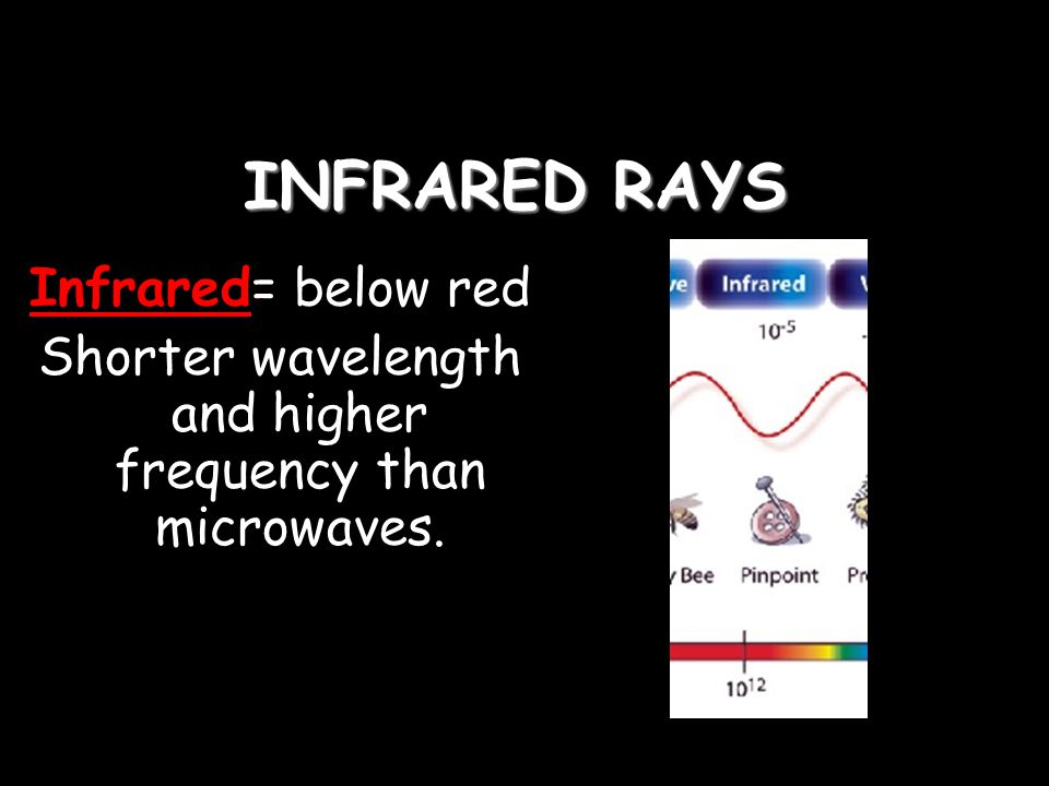 INFRARED RAYS Infrared= below red Shorter wavelength and higher frequency than microwaves.