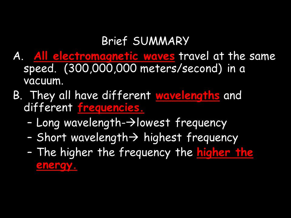 Brief SUMMARY A. All electromagnetic waves travel at the same speed.