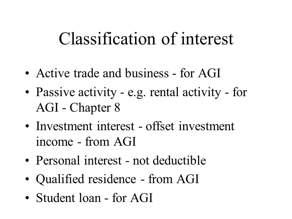 Classification of interest Active trade and business - for AGI Passive activity - e.g.