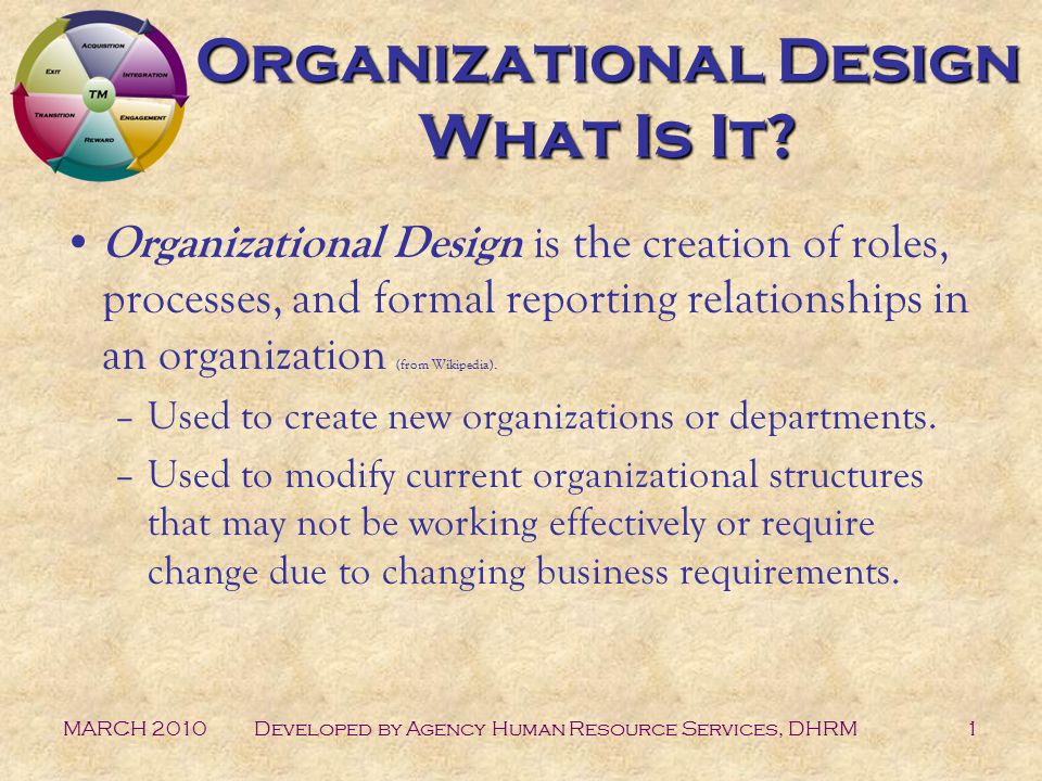 MARCH 2010Developed by Agency Human Resource Services, DHRM1 Organizational Design What Is It.