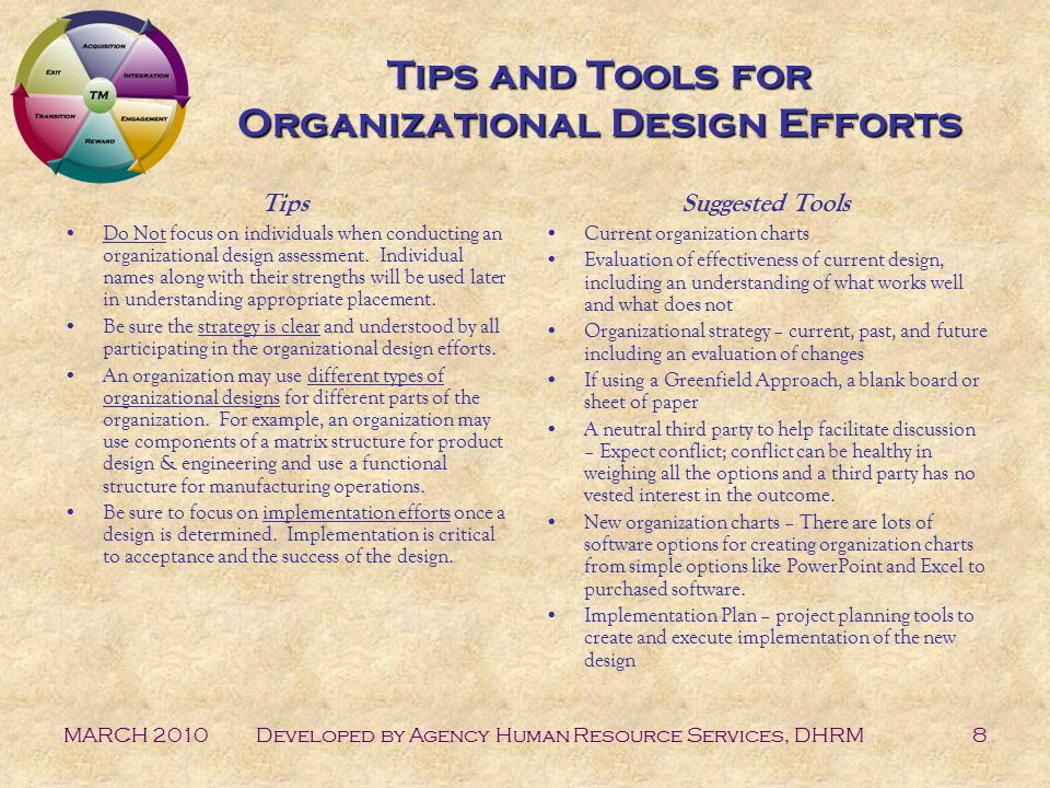 MARCH 2010Developed by Agency Human Resource Services, DHRM8 Tips and Tools for Organizational Design Efforts Tips Do Not focus on individuals when conducting an organizational design assessment.