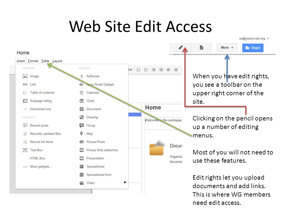Web Site Edit Access When you have edit rights, you see a toolbar on the upper right corner of the site.