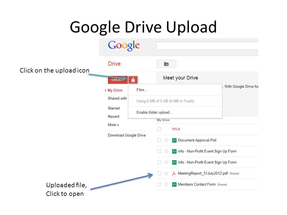 Google Drive Upload Click on the upload icon Uploaded file, Click to open