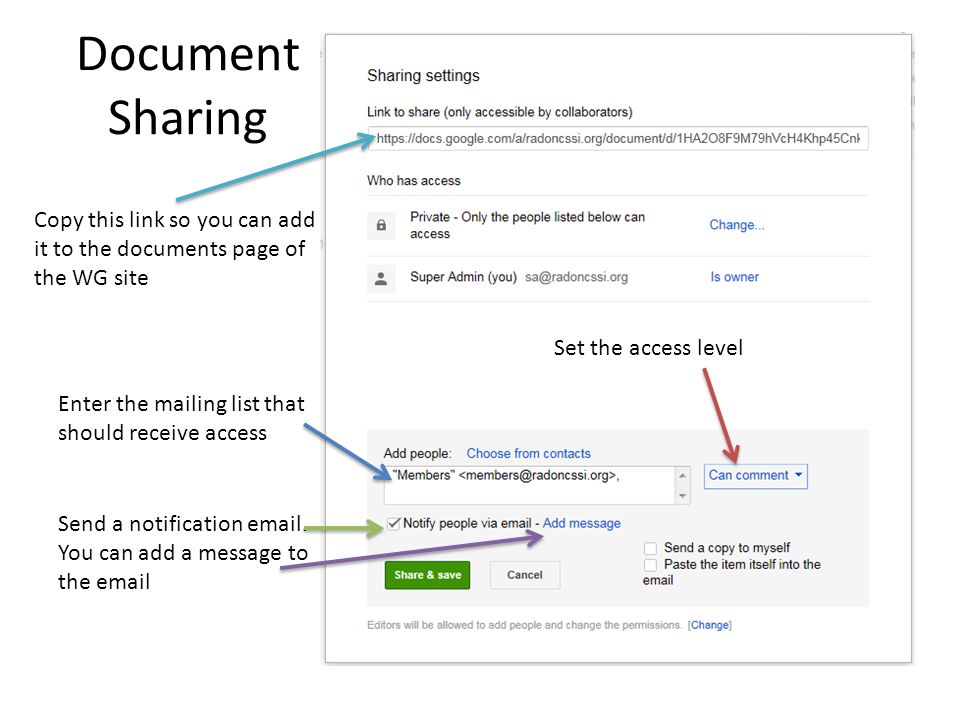 Document Sharing Enter the mailing list that should receive access Send a notification  .