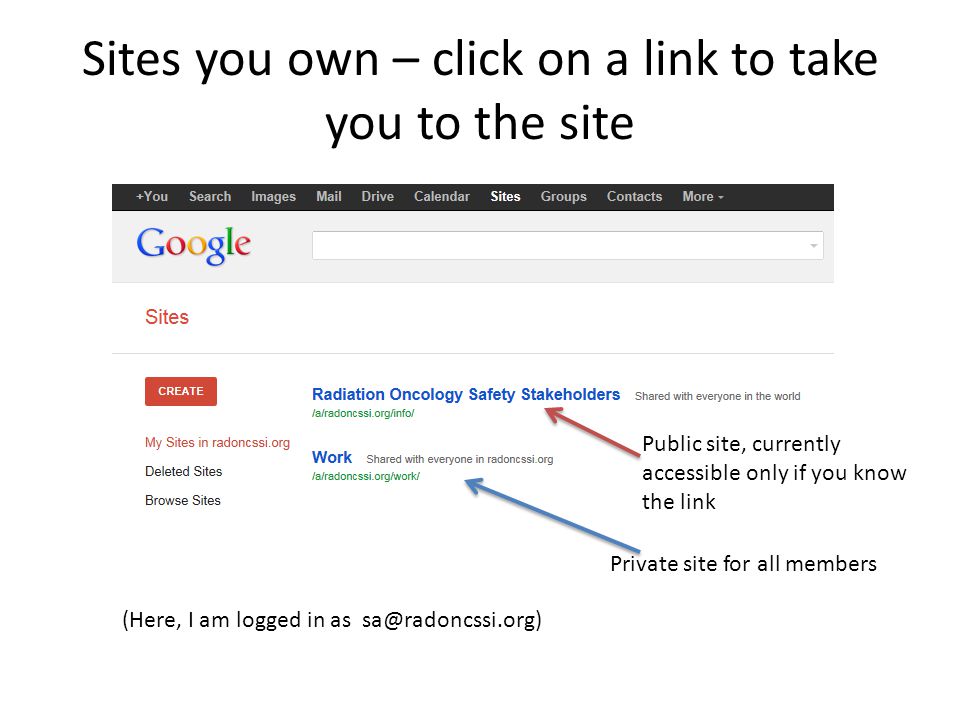 Sites you own – click on a link to take you to the site (Here, I am logged in as Private site for all members Public site, currently accessible only if you know the link