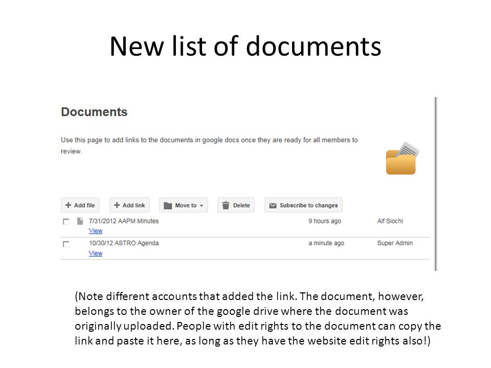 New list of documents (Note different accounts that added the link.