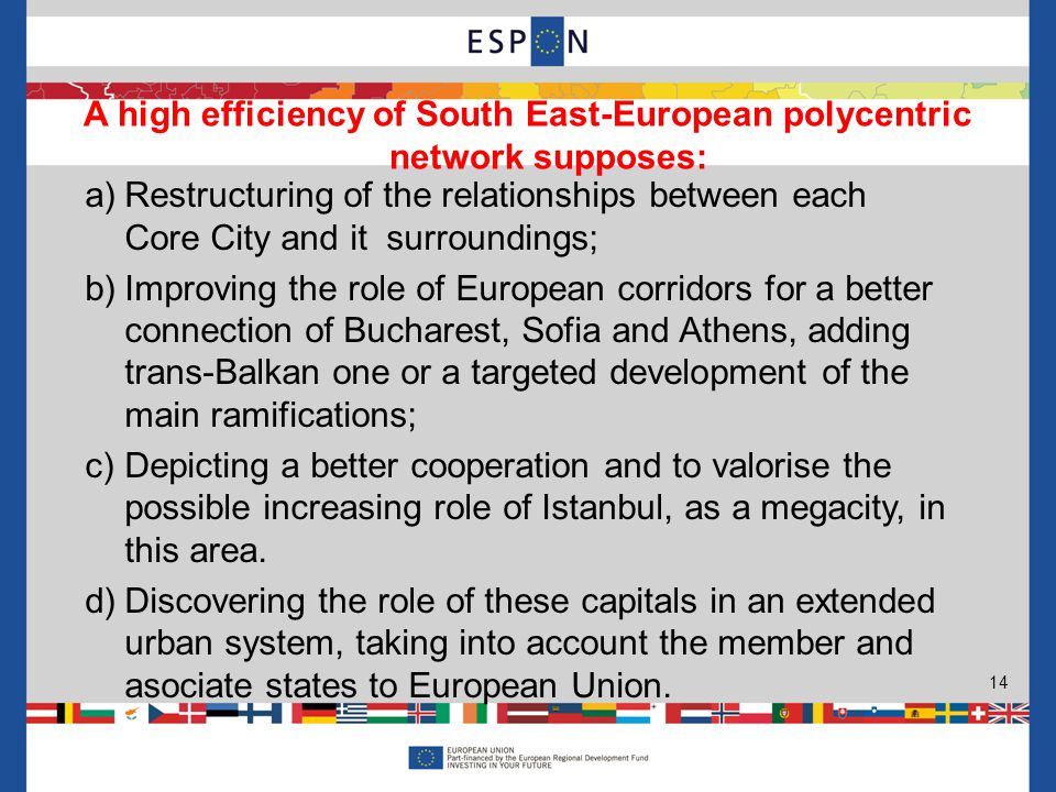 a)Restructuring of the relationships between each Core City and it surroundings; b)Improving the role of European corridors for a better connection of Bucharest, Sofia and Athens, adding trans-Balkan one or a targeted development of the main ramifications; c)Depicting a better cooperation and to valorise the possible increasing role of Istanbul, as a megacity, in this area.