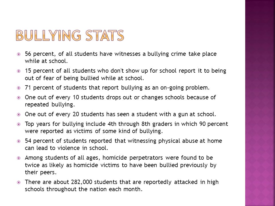  56 percent, of all students have witnesses a bullying crime take place while at school.