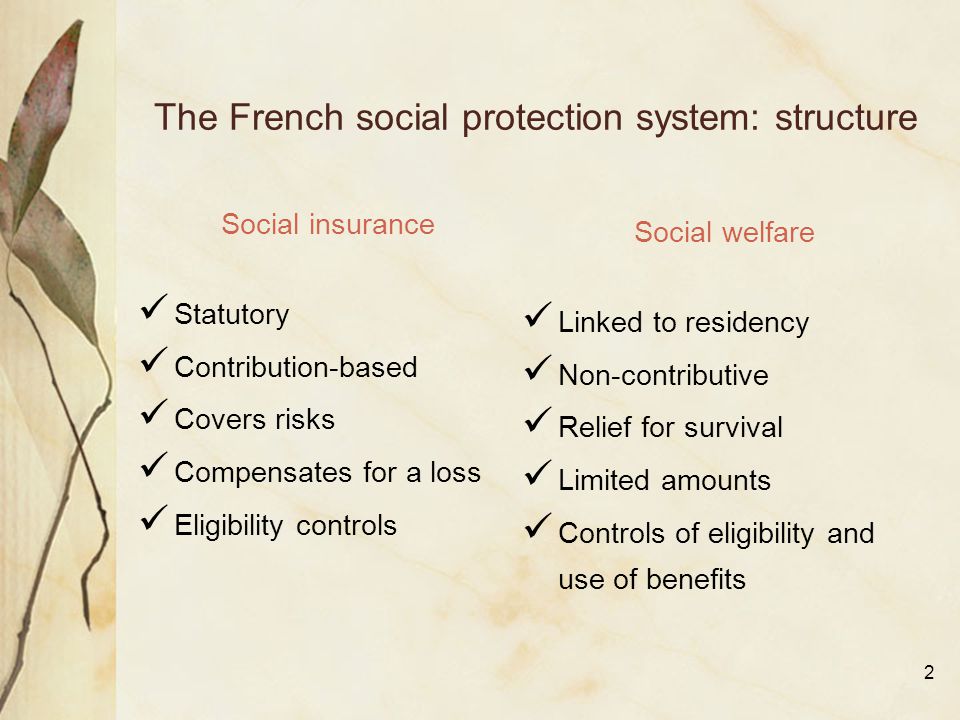 2 The French social protection system: structure Social insurance Statutory Contribution-based Covers risks Compensates for a loss Eligibility controls Social welfare Linked to residency Non-contributive Relief for survival Limited amounts Controls of eligibility and use of benefits