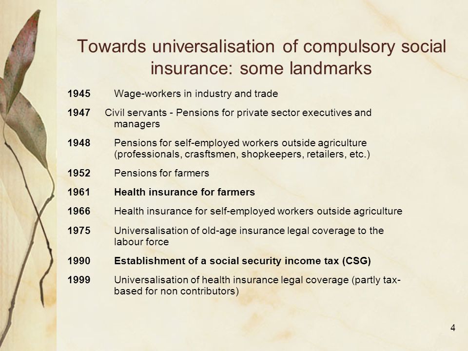 4 Towards universalisation of compulsory social insurance: some landmarks 1945Wage-workers in industry and trade 1947 Civil servants - Pensions for private sector executives and managers 1948Pensions for self-employed workers outside agriculture (professionals, crasftsmen, shopkeepers, retailers, etc.) 1952Pensions for farmers 1961Health insurance for farmers 1966Health insurance for self-employed workers outside agriculture 1975Universalisation of old-age insurance legal coverage to the labour force 1990Establishment of a social security income tax (CSG) 1999Universalisation of health insurance legal coverage (partly tax- based for non contributors)